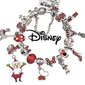 PANDORA BRACELET WITH DISNEY MINNIE 19 RED THEMED CHARMS NEW